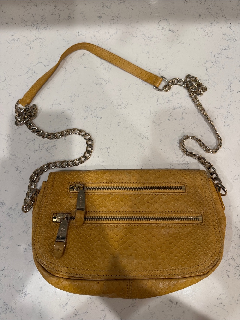 Cole Haan 100% Leather Mustard Yellow Textured Crossbody Bag with Chain Strap